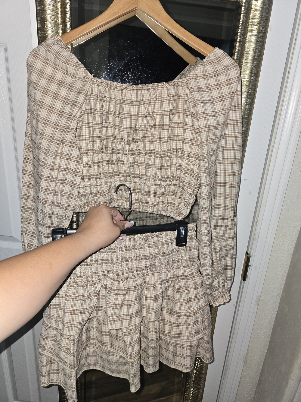 Beige Plaid Off-Shoulder Dress